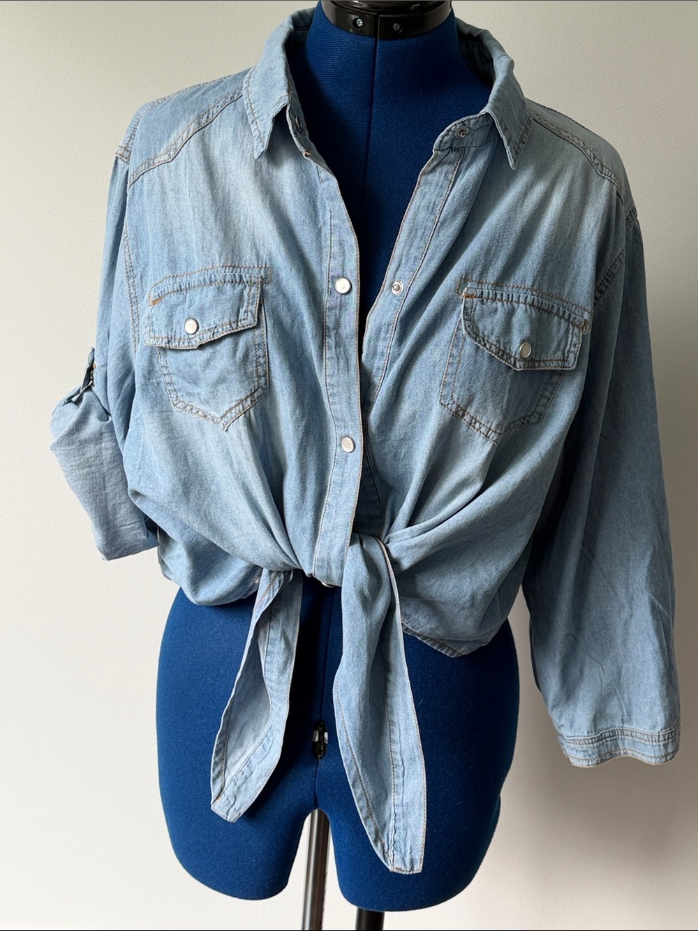 Light Wash Tie-Front Cropped Denim Maternity Shirt - Women